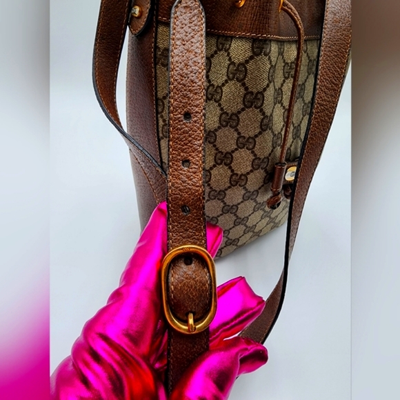 Gucci Vintage Mini Bucket Drawstring Crossbody GG Canvas Leather Web + Dust Bag - Picture 10 of 16